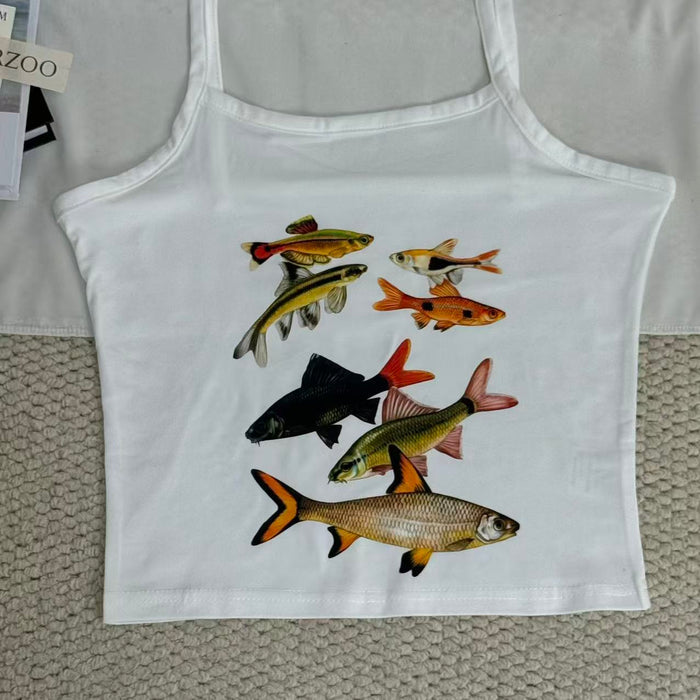 Small fish print short-sleeved halter top