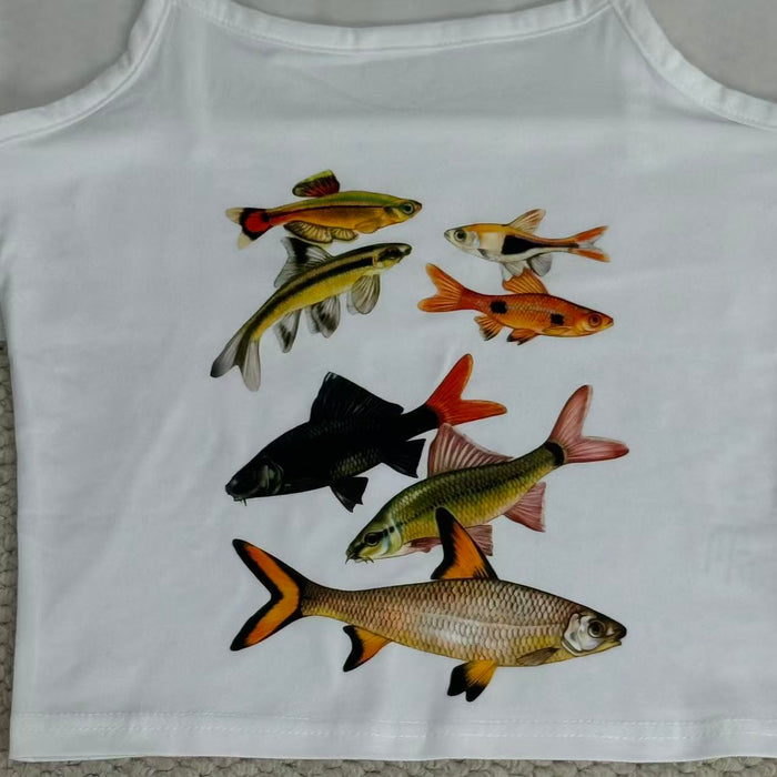 Small fish print short-sleeved halter top