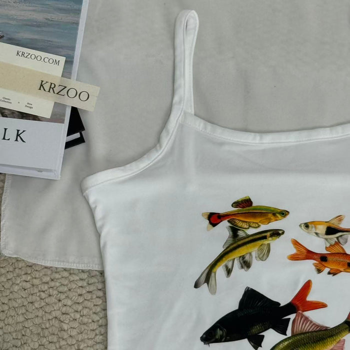 Small fish print short-sleeved halter top
