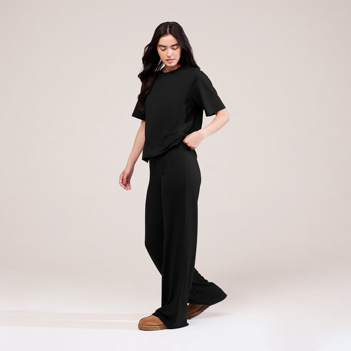 Soft Touch Wide Leg Lounge Set - Black
