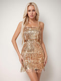 Solid Color Sequin Fringe Spaghetti Strap Party Dress