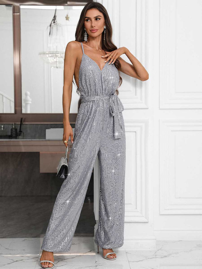 Solid Color Sequin Sexy Spaghetti Strap Jumpsuit