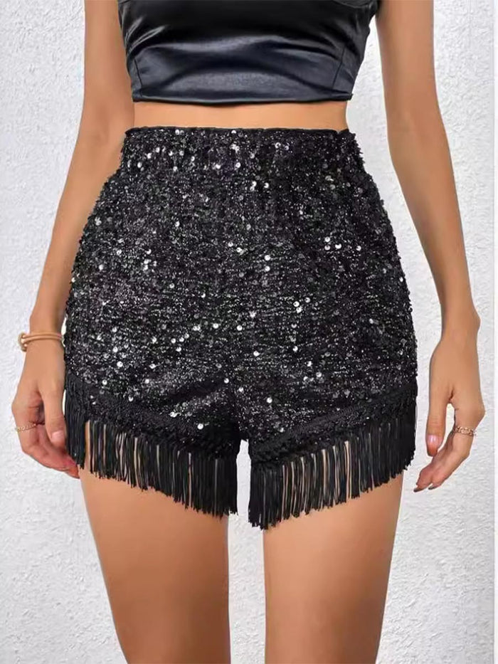 Solid Glitter Fringe Hem Shorts