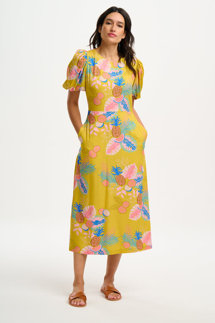 Sorcha Midi Dress (Yellow Tropical Fruits)