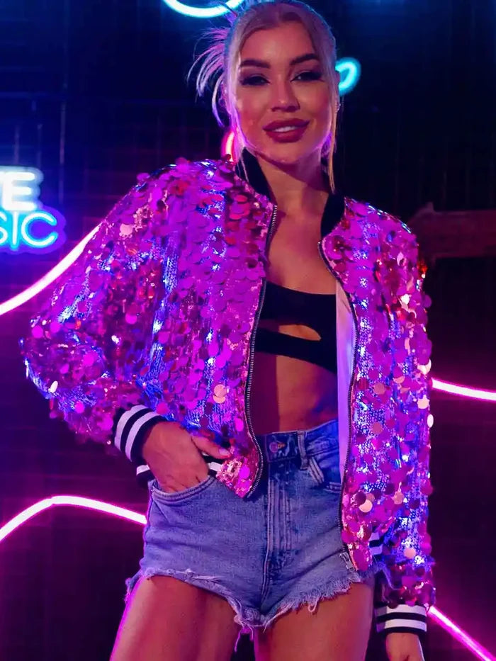 Sparkle Appeal: Pink Sequined Jacket With Built-in Led Lights
