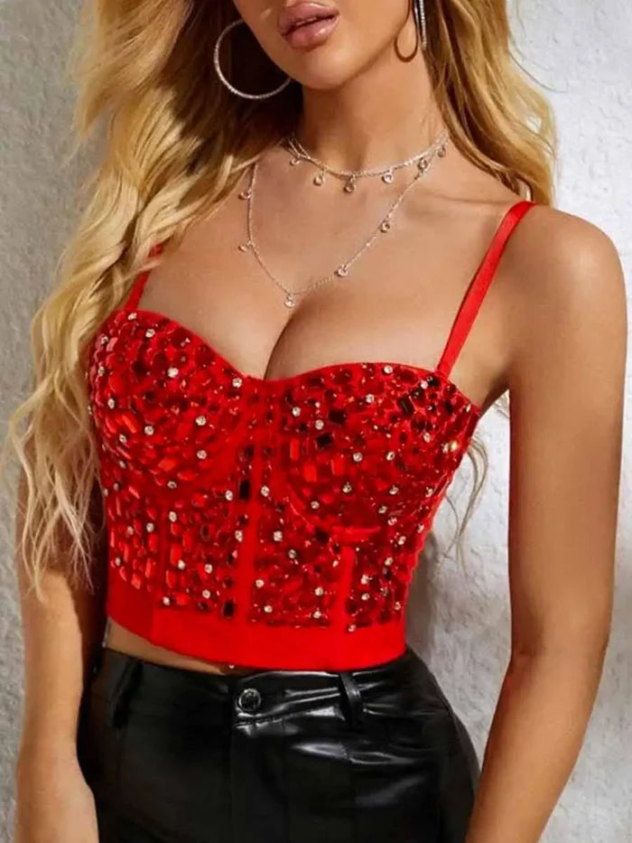 Sparkling Rhinestone Red Bra In A Club-ready Bodycon Style