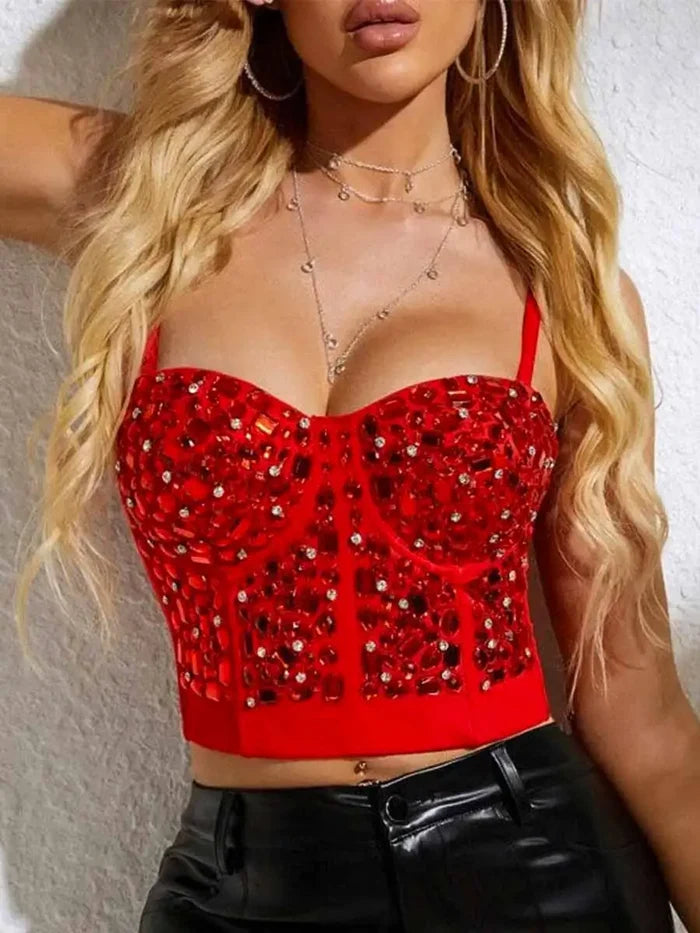 Sparkling Rhinestone Red Bra In A Club-ready Bodycon Style