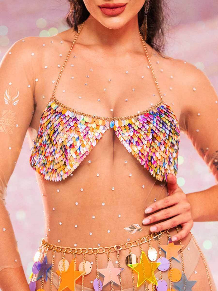 Sparkly Bra - Metal Chain Colorful Sequin Halter Bra