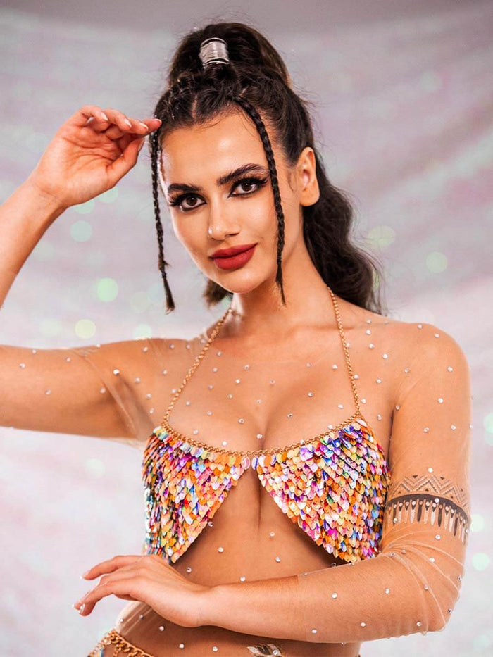 Sparkly Bra - Metal Chain Colorful Sequin Halter Bra