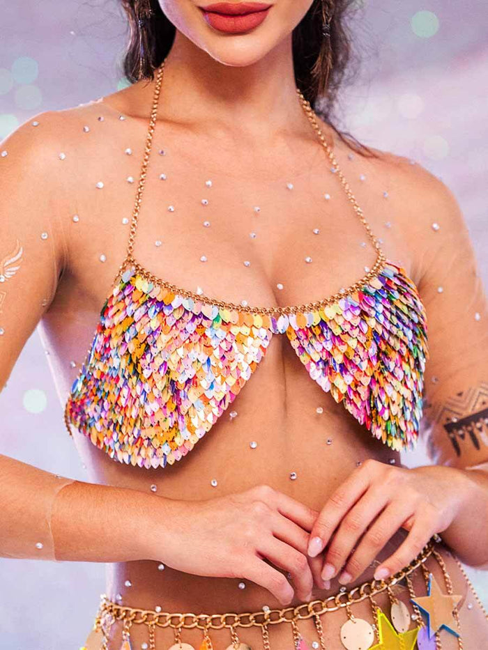 Sparkly Bra - Metal Chain Colorful Sequin Halter Bra
