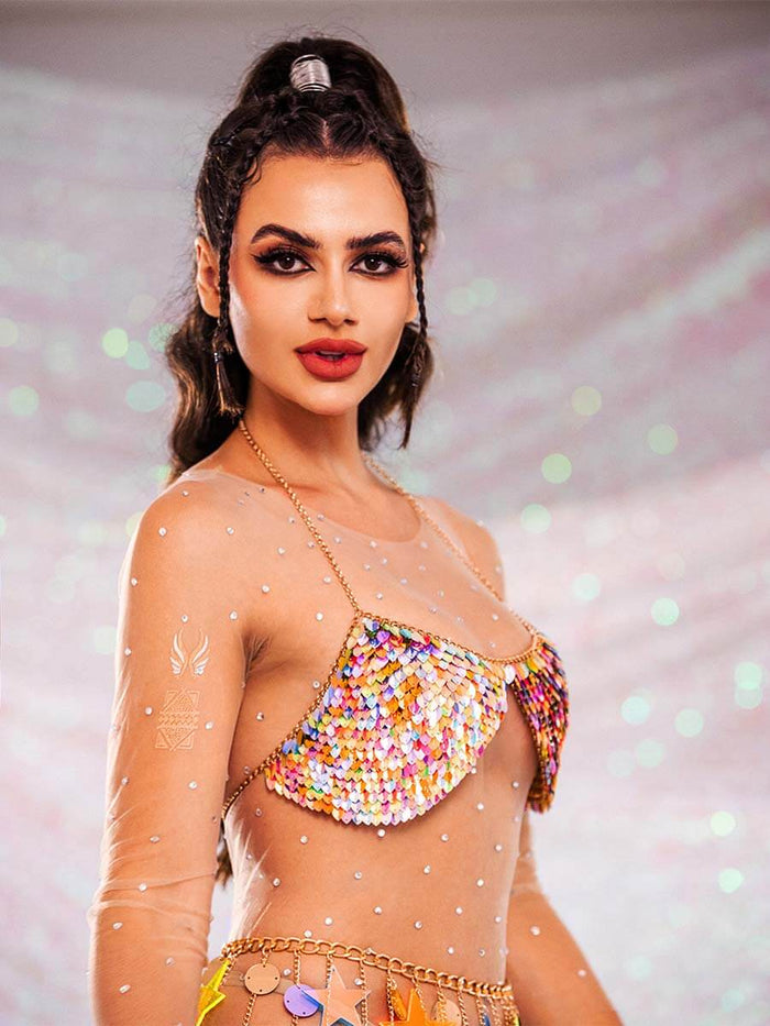 Sparkly Bra - Metal Chain Colorful Sequin Halter Bra