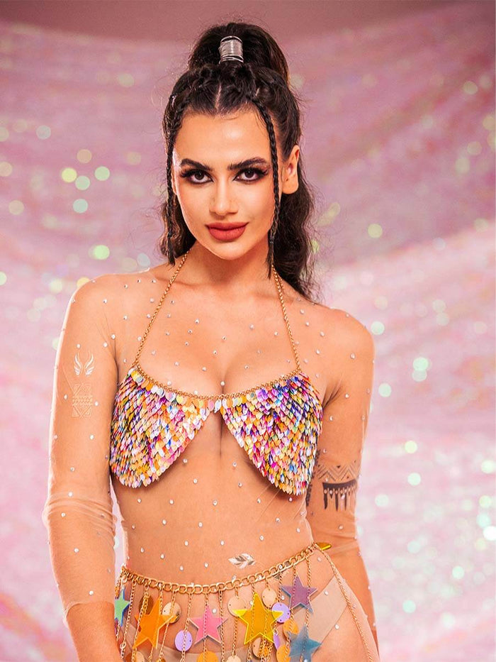 Sparkly Bra - Metal Chain Colorful Sequin Halter Bra