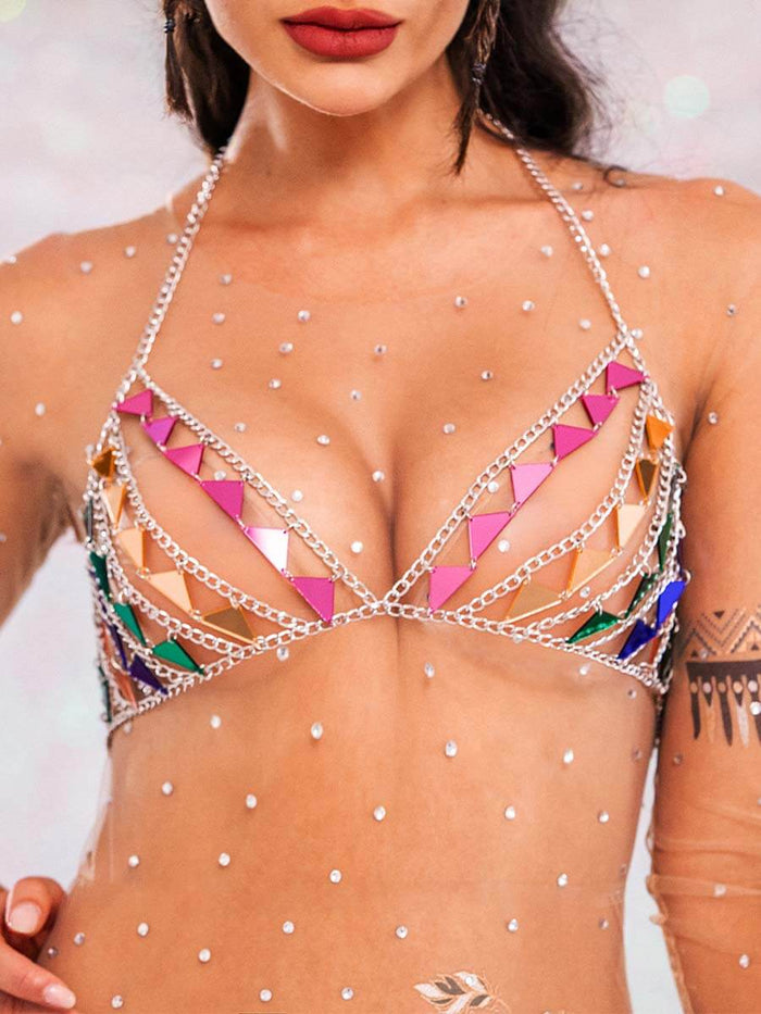 Sparkly Bra Top â€?Triangular Sequin Metal Chain Bra