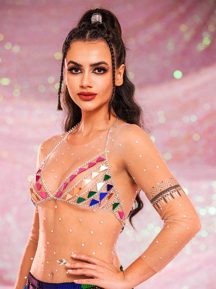 Sparkly Bra Top â€?Triangular Sequin Metal Chain Bra