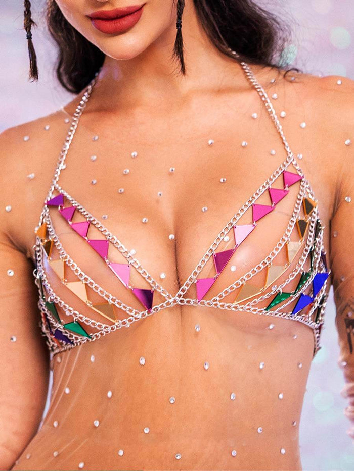 Sparkly Bra Top â€?Triangular Sequin Metal Chain Bra