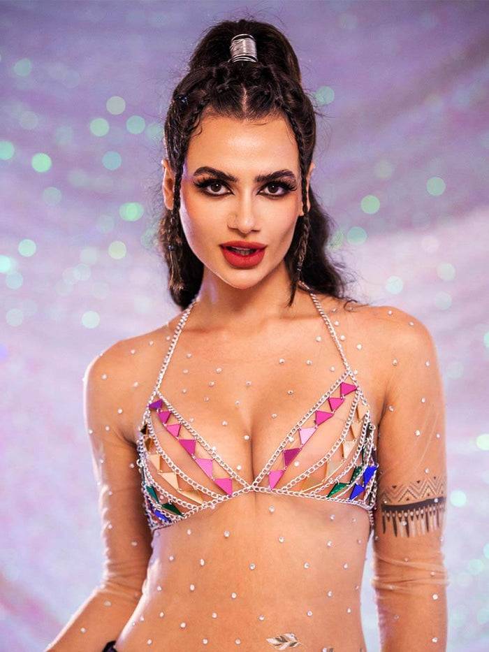 Sparkly Bra Top â€?Triangular Sequin Metal Chain Bra