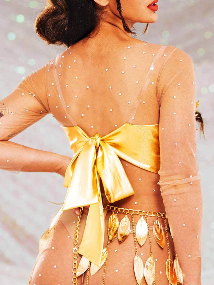 Sparkly Gold Two Piece Set - Corset Bra Top + Fringe Skirt
