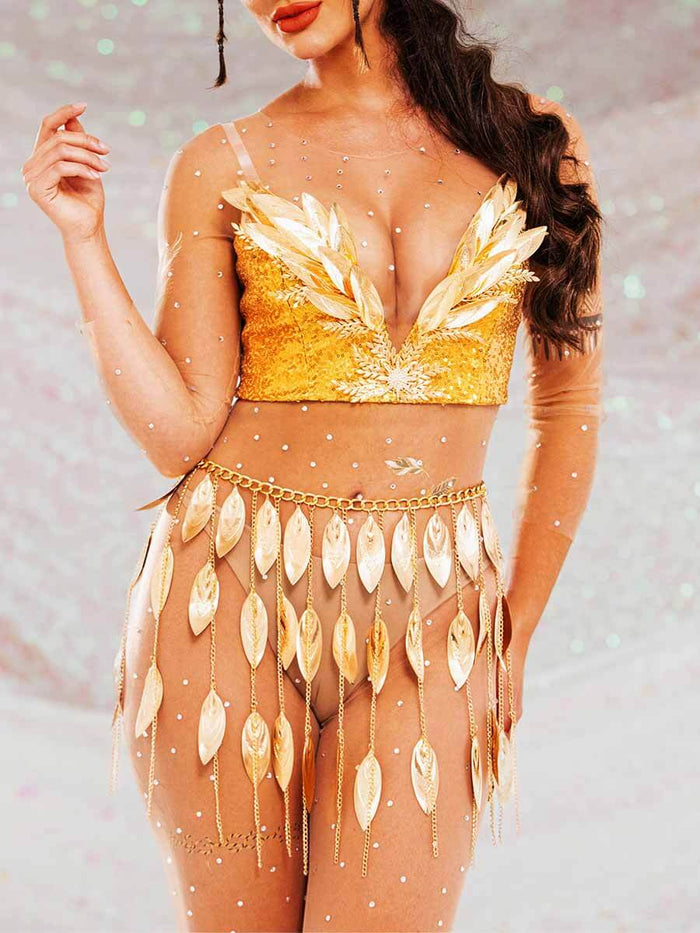 Sparkly Gold Two Piece Set - Corset Bra Top + Fringe Skirt