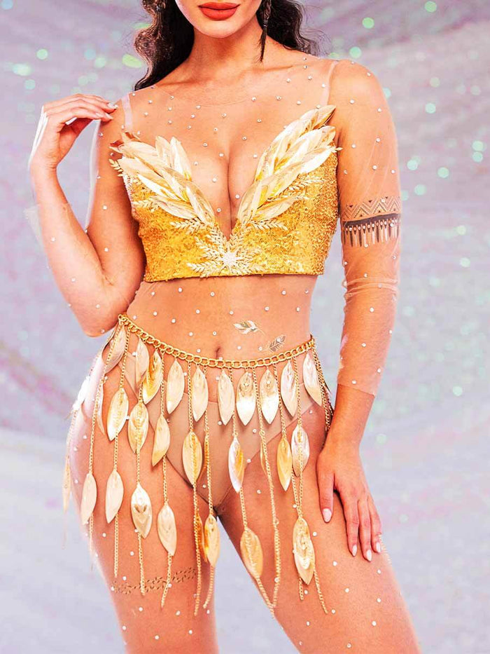 Sparkly Gold Two Piece Set - Corset Bra Top + Fringe Skirt