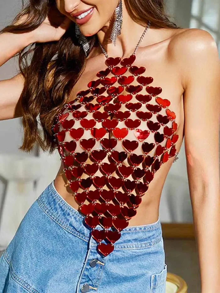 Sparkly Red Top - Red Sparkly Backless Top - Halter Neck Red Sparkle Top