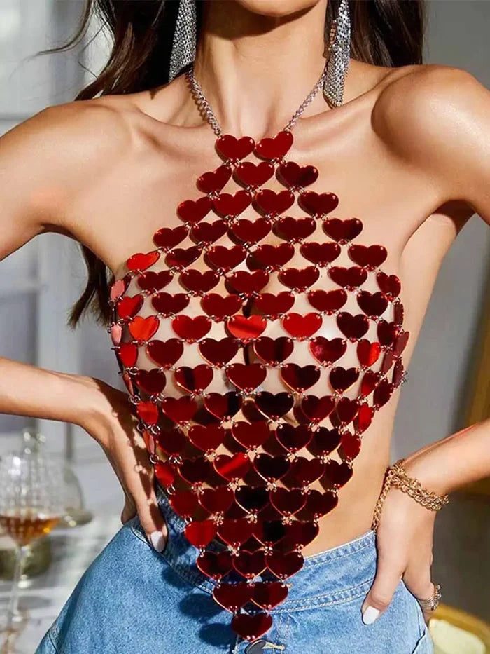 Sparkly Red Top - Red Sparkly Backless Top - Halter Neck Red Sparkle Top