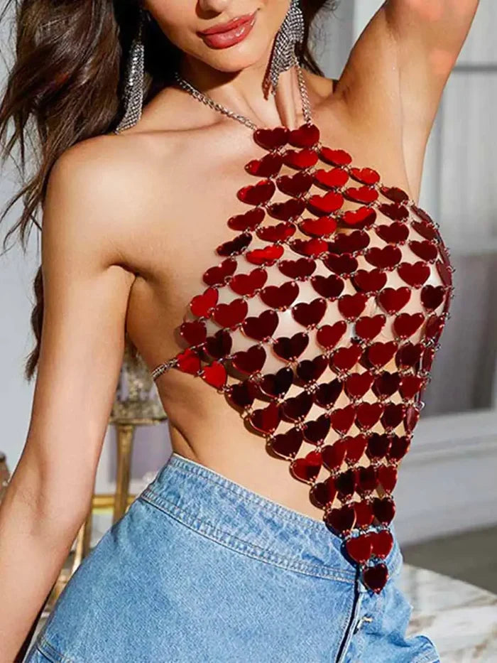 Sparkly Red Top - Red Sparkly Backless Top - Halter Neck Red Sparkle Top