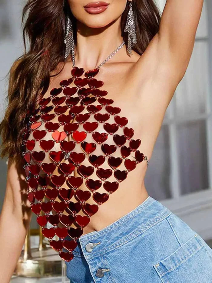 Sparkly Red Top - Red Sparkly Backless Top - Halter Neck Red Sparkle Top