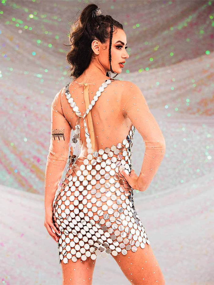 Sparkly Silver Mini Dress - Silver Chainmail Strap Dress