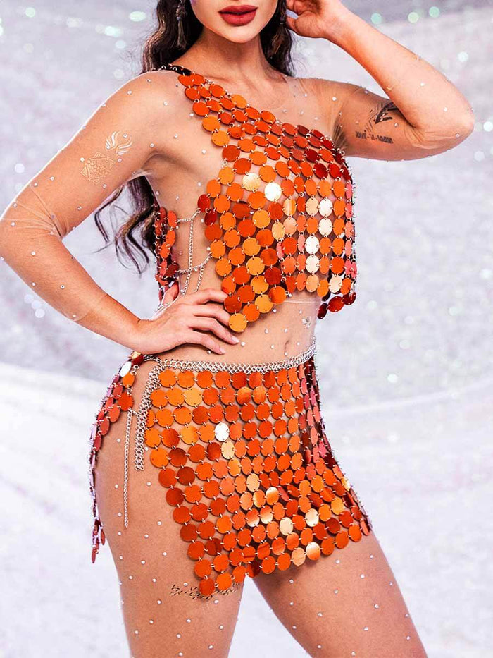 Sparkly Two Piece Set - Orange Sequin Top & Orange Sequin Skirt