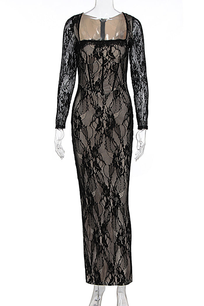 Square Neck Long Sleeve Lace Slim Fit Slit Hem Maxi Dresses-Black