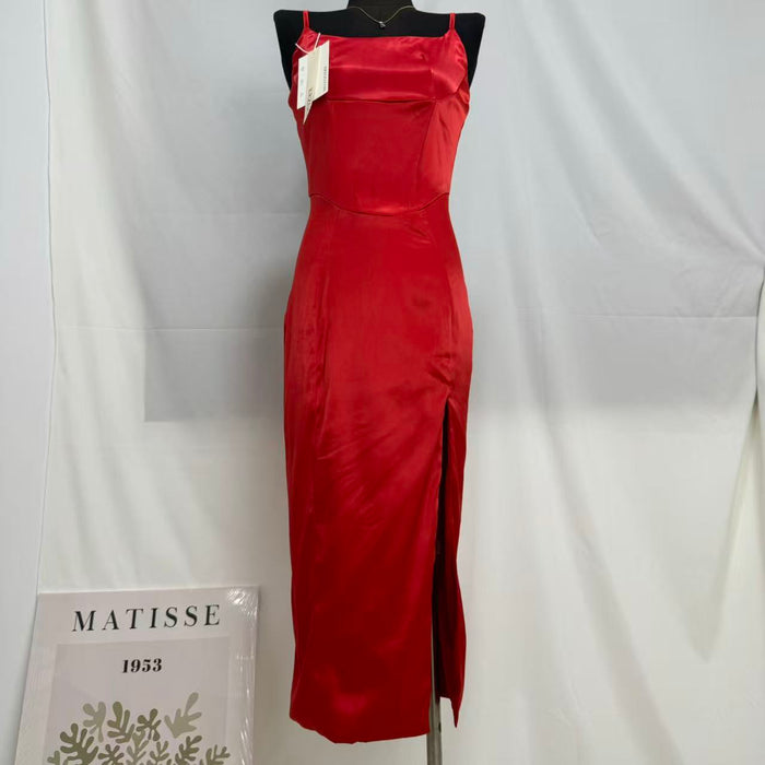Square Neck Satin Slit Dress