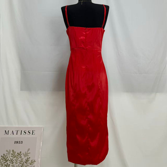 Square Neck Satin Slit Dress