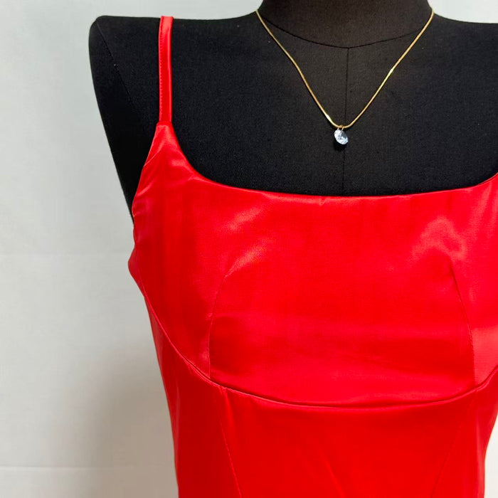 Square Neck Satin Slit Dress