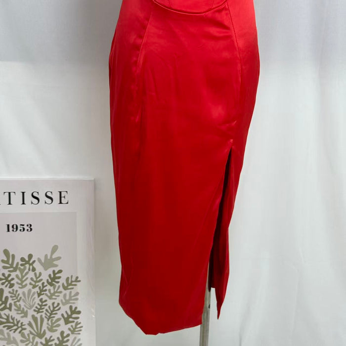 Square Neck Satin Slit Dress