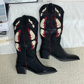 Square-root embroidered high-heeled boots