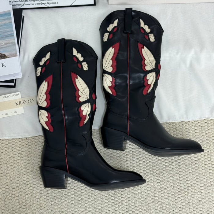 Square-root embroidered high-heeled boots