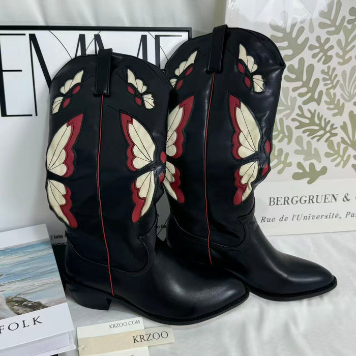 Square-root embroidered high-heeled boots