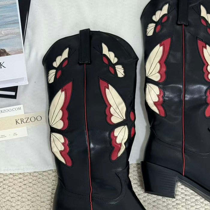Square-root embroidered high-heeled boots