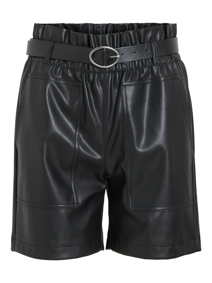 Starla Belted Faux Leather Shorts (Black)