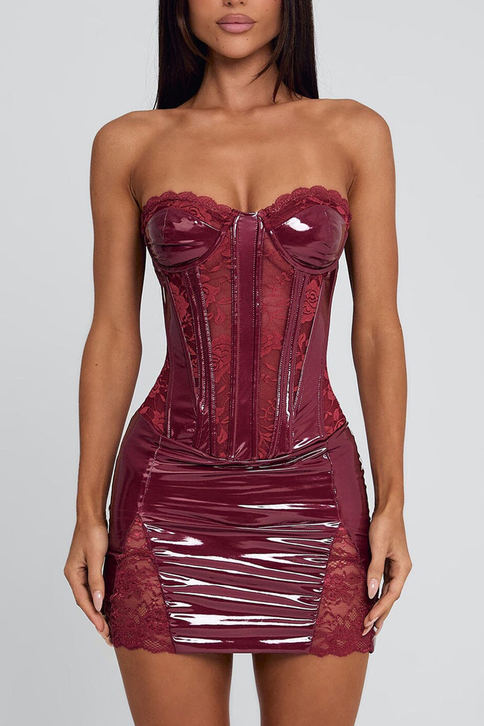 Strapless Cinch Waist Lace Slim Fit Party Mini Dresses-Red Pre Order