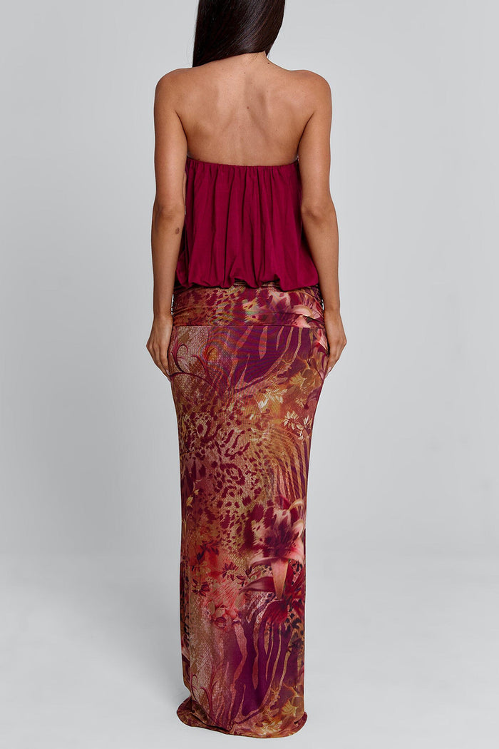 Strapless Party Velvet Cut Out Top Print Maxi Skirt 2pcs Set-Red Pre Order