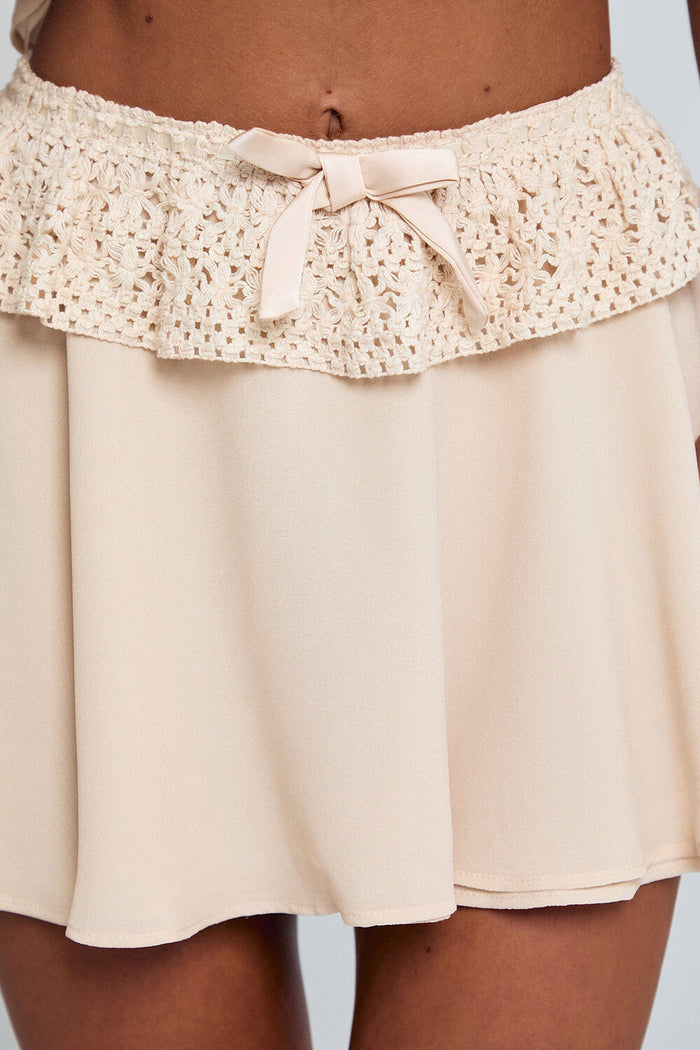 Strapless Ruffled Crop Top Guipure Mini Skirt 2pcs Set-Beige Pre Order