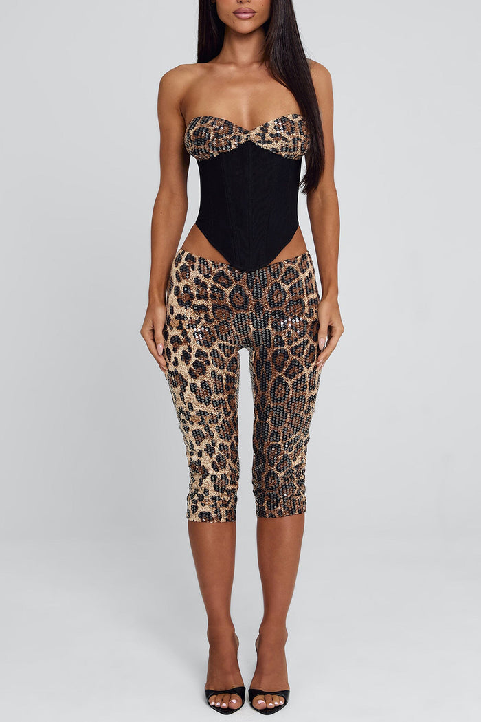 Strapless Top Low-Rise Pants Leopard Sequin Party 2pcs Set-Brown Pre Order