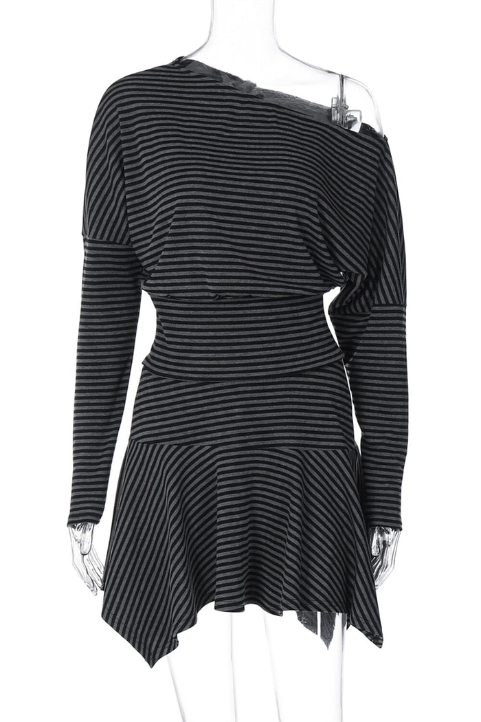 Striped Print Off Shoulder Long Sleeve Top Irregular Mini Skirt Set-Grey