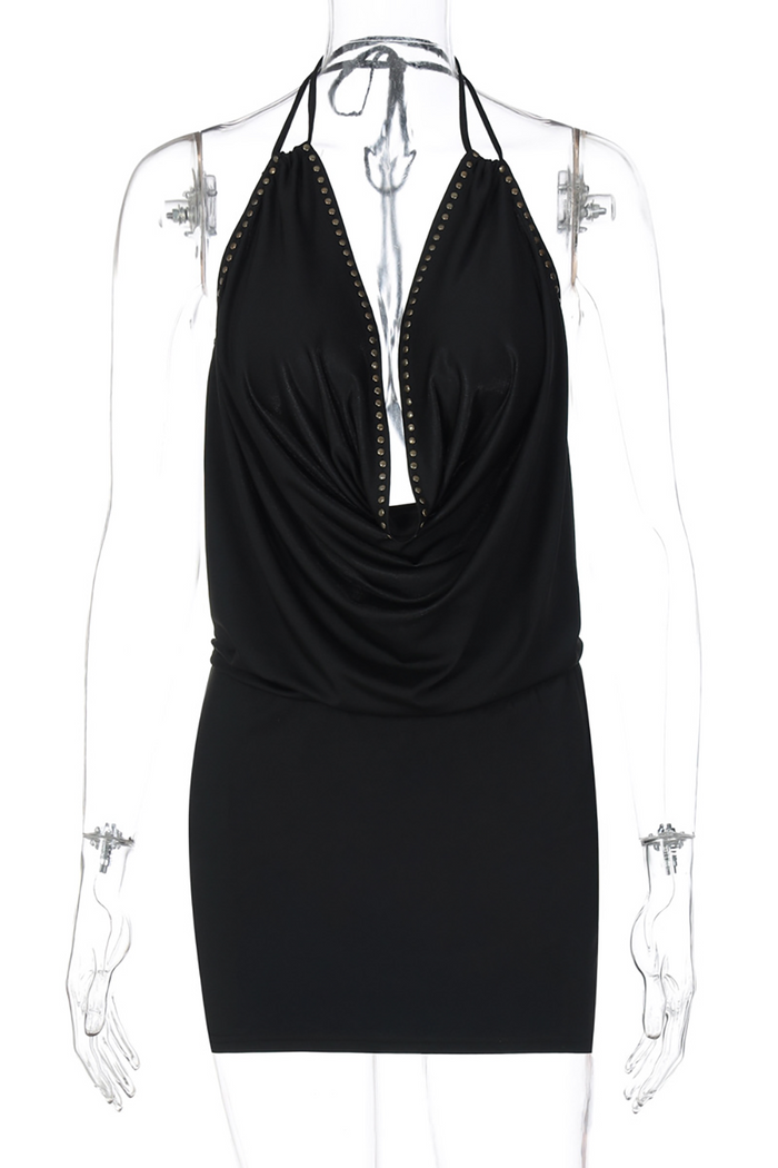 Studded Trim Cowl Neckline Halter Bodycon Mini Dresses-Black