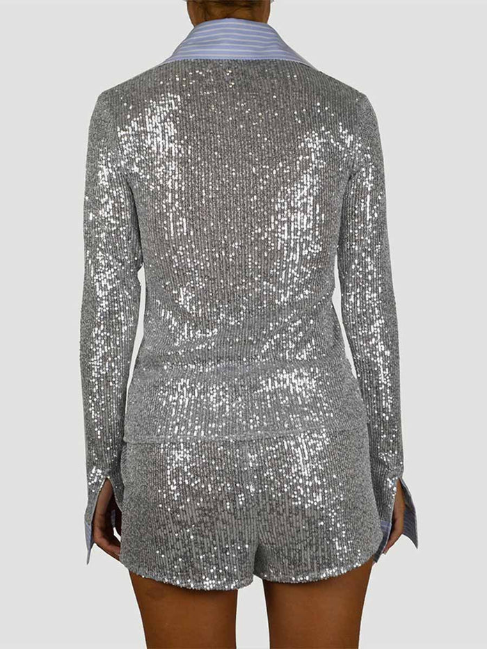 Summer Sequin Shirt and Slim Shorts Casual Set