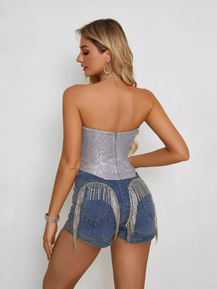 Summer Slim Fit Sexy Strapless Sequin Crop Top