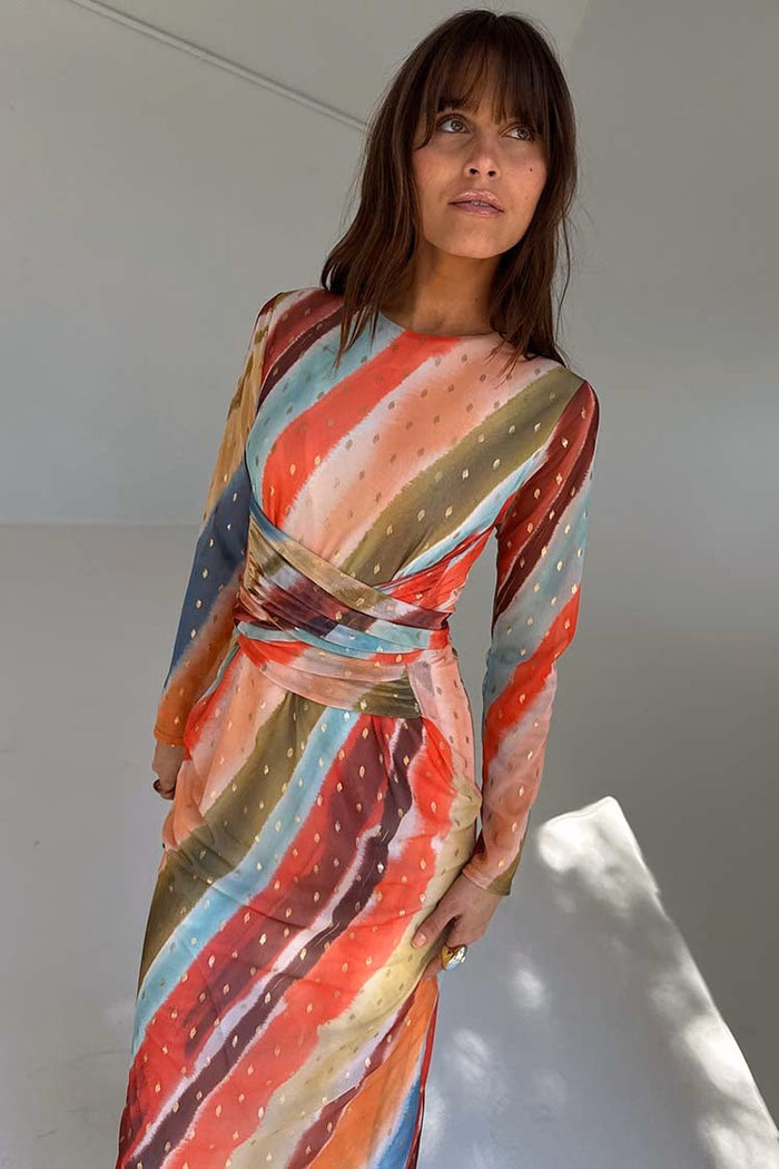 Sunset Stripe Mesh Midi Dress (Orange)