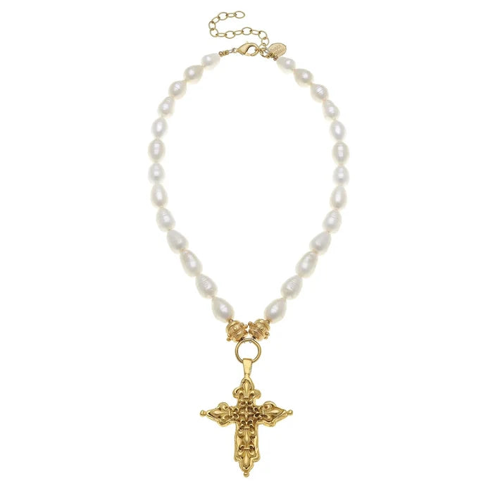 Susan Shaw Fleur Cross Pearl Necklace