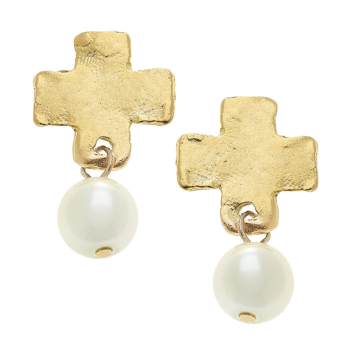 Susan Shaw Handcast Gold Cross with Glass Pearl Earrings